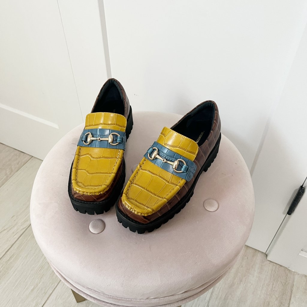 Intentionally Blank Croc Lug Sole Loafers In Brown & Yellow Size 6